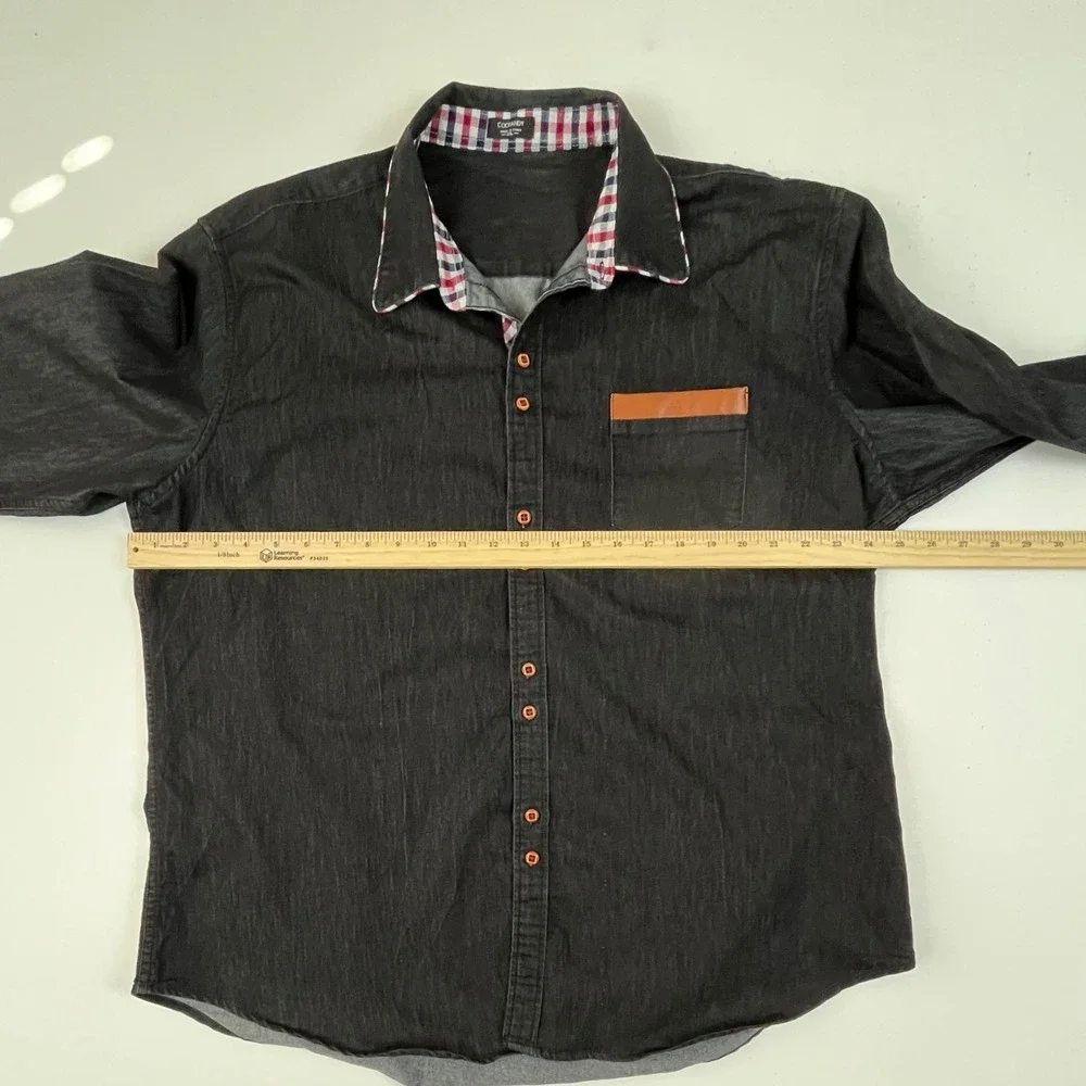 Coofandy Mens Black Button Down Shirt Plaid Collar Faux‎ Leather Trim Size XXL